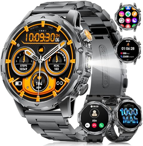 FitVigor Military Smart Watch for Men, 1.53 Fitness Tracker with 1000 mAh Ultra-Long Battery/Flashlight/Bluetooth Calling/Health Monitor / 120+ Sports Modes / IP68 Waterproof for iOS Android, Black