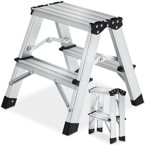 tectake® Escabeau Double Face Pliable, 2 Marches, 38x42.5x38.5cm, Max 150kg | Aluminium inoxydable, Charnières solides, Bords arrondis, Marches striées antidérapantes, Pieds caoutchoutés, Contact total