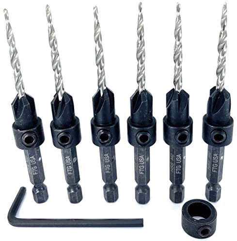 FTG USA 6 Pc #6 (9/64) Countersink Drill Bit Set with Depth Stop Collar, Hex Wrench - Tapered Drill Bits for Wood