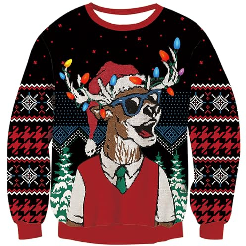 TUONROAD Ugly Christmas Sweater Unisexe Nouveauté Le Père Noël Imprimé Tricot Pull de Noël Col Rond Manche Longue Xmas Sauteur Chandail Hiver pour Femme Homme M