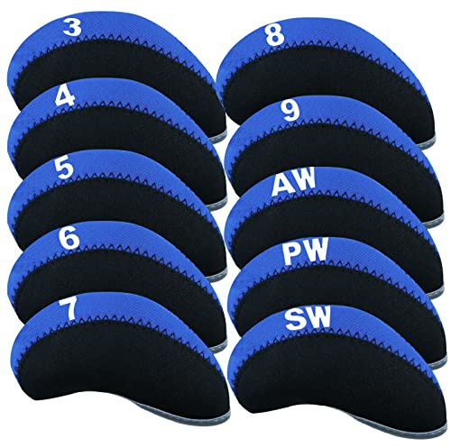 AMRTA Lot de 10 housses de protection pour club de golf - Compatibles avec tous les clubs de fer - Noir, bleu, orange, vert (bleu)