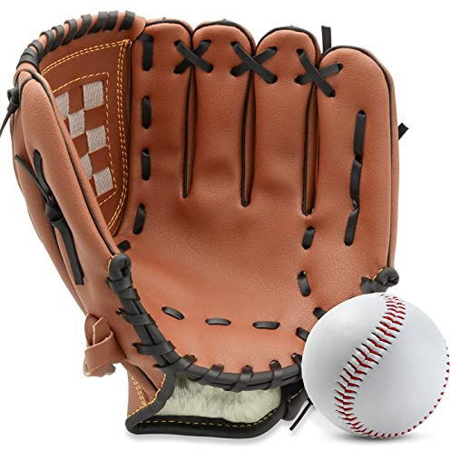 Baseball Glove,Baseball Softball Mitt with Ball for Kids Youth Adults Training and Beginner,Right Hand Throw,Left Hand Glove (Brown, 10.5in)