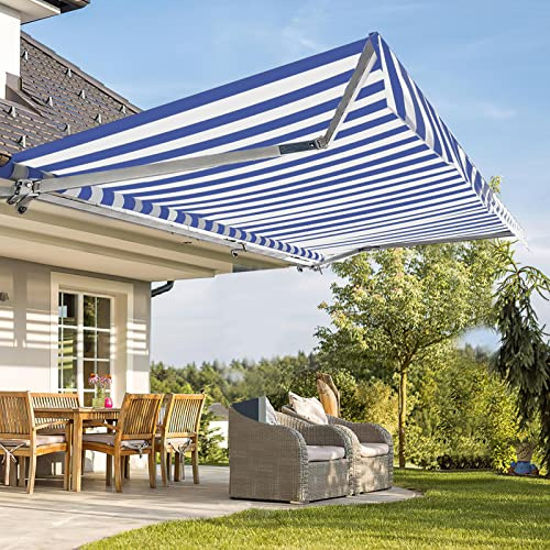 Fiqops Toldo de brazo articulado manual, 350 x 300 cm, toldo para el sol, protección solar con manivela, anti-UV y resistente al agua, aluminio/poliéster para balcón, terraza, jardín, azul y blanco