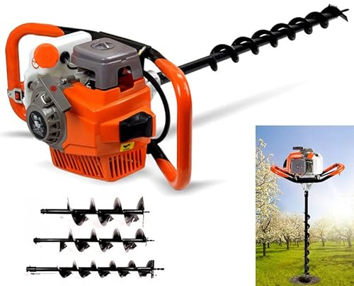 Tarière à essence avec 3 forets, 2,4 CV 71 cm³, avec jeu de forets puissants, 2 temps, avec rallonges