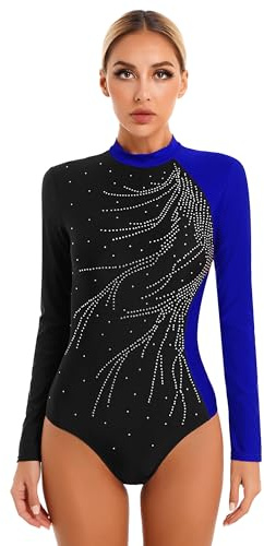 Doomiva Dam gymnastikdräkt långärmad dansbody glitter gymnastikdräkt balettdräkt konståkningsdräkt leotards strass konkurrens danskläder, A kungsblå, L