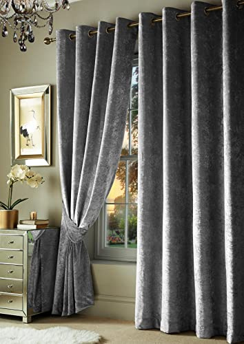 Roseley Crushed Velvet Curtains Eyelet Ring Top Fully Lined For Living Room Kitchen Bedroom 2 Panels Tiebacks Included (Dark Grey, 66 x 54)