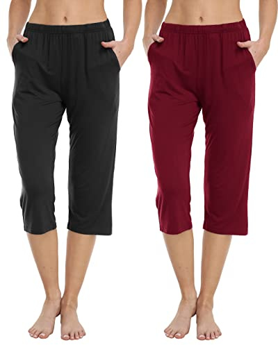 JINSHI Pantalone Pijama Mujer Suave Cómodo Modal Pantalón Capri de Estar con Bolsillos para Descansar Ropa De Dormir Yoga Jogger (Negro,Rojo vino) Talla 2XL