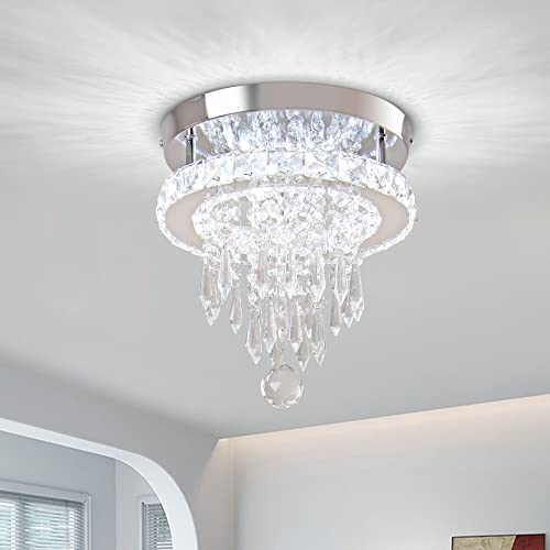 Fintonglan Kristall Kronleuchter LED Deckenleuchte Moderne Runde Kristall Kronleuchter Chrom Flush Mount Deckenleuchten für Schlafzimmer Wohnzimmer Foyer Flur Küche (Kalt Weiß)