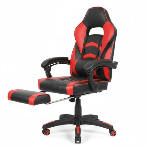 Melko Gamingstuhl Ergonomischer Bürostuhl mit Fußstütze in Schwarz Rot Racing Stuhl Office Schreibtischstuhl Chefsessel Gaming Sessel Gamer Stuhl Racer Drehstuhl Sportsitz