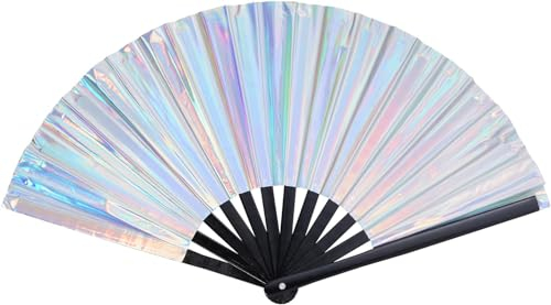 Handfächer Holografischer Rave-Fan Chinesische Handheld Faltventilatoren Iridescent Fan für Festivals Dekor Hanfu Club Ereignis Party Tanz Leistung Bekleidungszubehör (Silber)