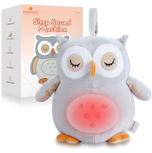 FUNYKICH Spieluhr Babys, Eule Plüsch Einschlafhilfe Weißes Rauschen Otter mit Aufnahmefunktion, Wireless Lautsprecher, 12 beruhigende Klänge, Nachtlicht, Countdown, Abnehmbar & Maschinenwaschbar