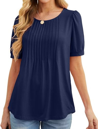 GRECERELLE Womens Summer Tops Casual Dressy Soft Short Sleeve Tunic Front Pleated Spring Crew Neck Tees T-Shirts Loose Blouse for Ladies (Navy Blue, XL)
