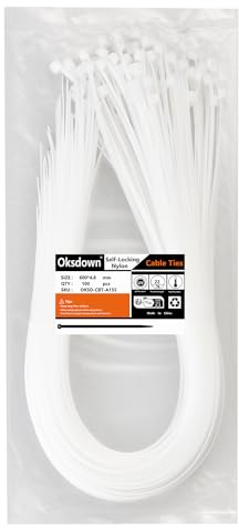 Oksdown 100 Pack White Plastic Cable Ties 600mm×4.8mm Strong Nylon Heavy Duty Self Locking 24 inch/60 cm Long Zip Tie Wraps
