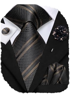 Hi-Tie Silk mäns slips och ficka fyrkantiga manschettknappar pin set Jacquard bröllop affärer slips för formella, Krom svart, M