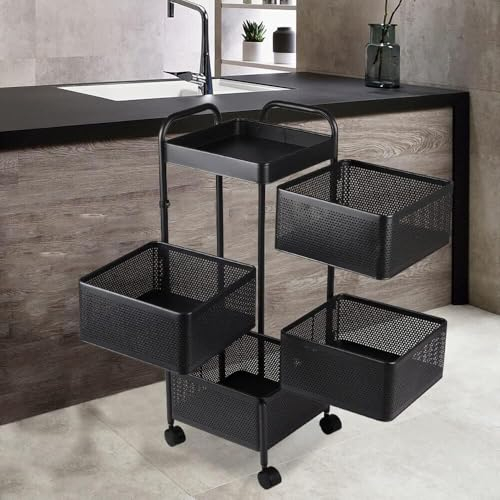 4, 5 Tier Rolling Multi-purpose Metal Rotating Rolling Free Standing Detachable Mesh Potato/Fruits/Vegetable Storage Baskets Shelf Organizer Tidy Kitchen Rack With Wheels (4 Tier)