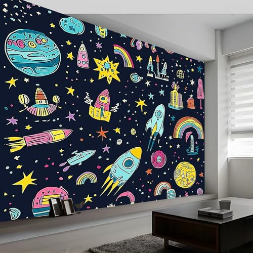 Papel Tapiz Fotográfico Oscuro, Dibujos Animados Graffiti Espacio Estrellas Mural Fotográfico para Dormitorio y Habitación Infantil, Decoración de Pared, 300 x 210 cm (W x H) Papel Tapiz Artístico