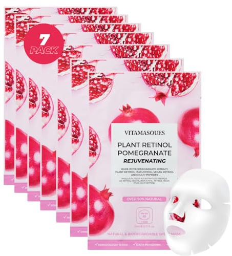 Vitamasques Retinol Pomegranate Sheet Face Masks 7 Pack | Hydrating, Plant Retinol (Bakuchiol), Pomegranate & Peptides, Vegan Korean Formula