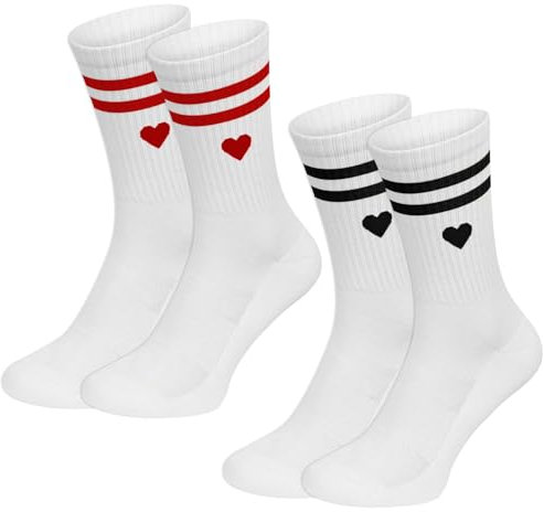 YANSYUN 2 Paar Tennissocken Damen 37-43 Frottee Sohle Atmungsaktiv Baumwollsocken Damen mit Streifen Herz Weiß Tennis Socken Geschenke für Frauen