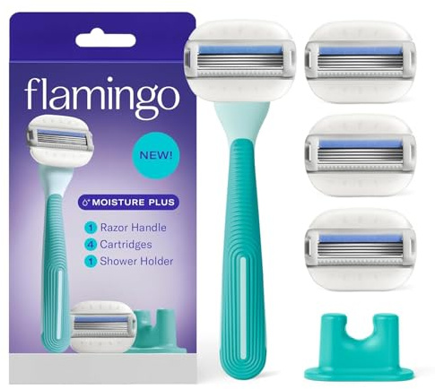 Flamingo Moisture Plus - Set di rasoi da donna, manico per rasoio, 4 ricariche di lame, supporto per doccia, schiuma marina