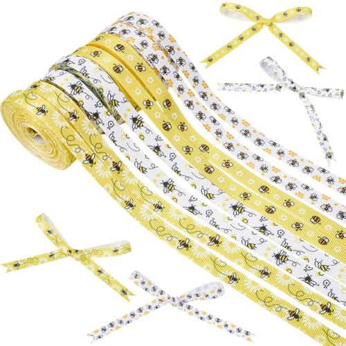 CABODYALS 8 rollo de 38.4 m de Cintas de Abejas de Poliéster de Colores Variados con Forma de Abejorro Tiras de Guirnalda con Estampado de Una Sola Cara Cintas de Satén de Grogrén para Envolver Regalo
