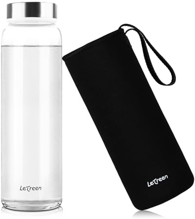 LETREEN Glasflasche 1 Liter mit Schutzhülle, Weite Öffnung Wasserflasche 1L Glas mit Spülmaschinenfest 1000ml Auslaufsichere Trinkflasche, 100% BPA frei geeignet für Büro Schule Sport, 1 Stück