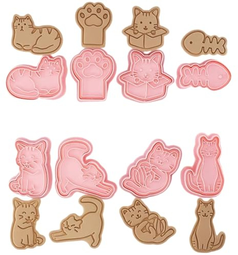 Cat Shaped Cookie Stamps Set, 8 pcs of Plastic Cat Patterns Stamping Cookie Cutters Fondant Stampers for Baking Clay DIY