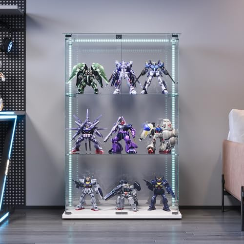 SUNFECILI Vetrina in vetro a 3 livelli, vetrina con serratura, vetrina in vetro 123,3 x 35 x 78,5 cm, vetrina con LED, moderna armadio da collezione Smart vetrina (doppia porta + barra luminosa