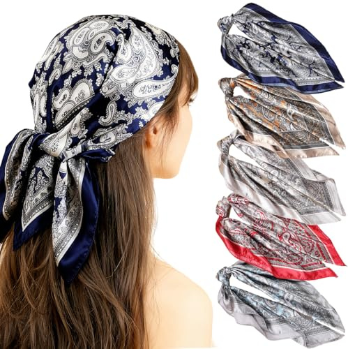 Meleager 5 PCS Pañuelos Cabeza Mujer, Bandana Seda Mujer, Pañuelo Cuadrado Seda, Colores Diferentes Bandana (60 * 60 CM)