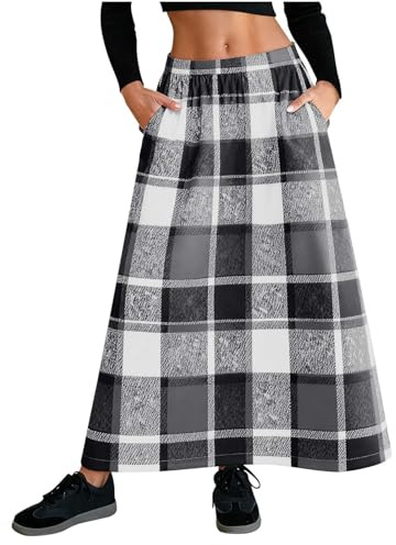 GMQWRK Maxi gonna da donna in misto lana scozzese vintage a scacchi tartan gonna lunga con tasche posteriori elastica in vita gonna autunno inverno primavera casual a vita alta gonne, grigio, L