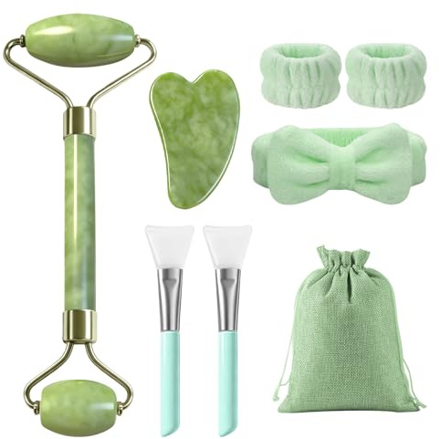 flintronic 7 in 1 Gua Sha Viso Kit, Gua Sha e Rullo di Giada per il Viso, Roller Massaggio Viso Antirughe, per Lenire la Pelle ed Eliminare il Gonfiore degli Occhi