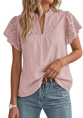 GRACE KARIN Lace Short Sleeve Tops Flowy Summer,Dressy Casual Cotton Blouses Ruffle,V Neck Dress Shirts Trendy Clothing 2026 Dusty Pink