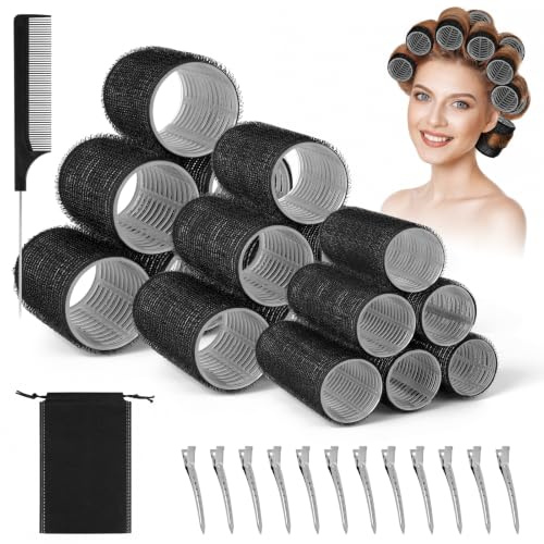 VINATO Bigodini 32 pezzi – Autoagglomeranti con nucleo in alluminio, 18 bigodini in 3 taglie (40 mm, 30 mm, 20 mm), 12 clip per capelli, 1 pettine, Per boccoli e volume, adatti per styling a freddo