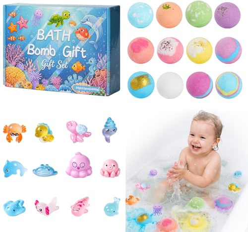 12 Pezzi Bombe Da Bagno Con Bolle, Ingredienti Delicat, sali da bagno rilassanti e schiuma,giocattoli da bagno,Include giocattoli a sorpresa per ragazze e ragazzi per Natale
