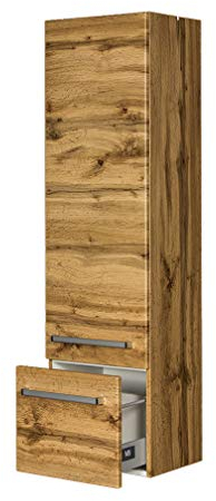 Quentis Badschrank, Höhe 143 cm, wandhängend, eine Türe und eine Schublade, Eiche Natur, vormontiert. Passend zu den Badmöbeln der Serien Genua, Susan & ZENO