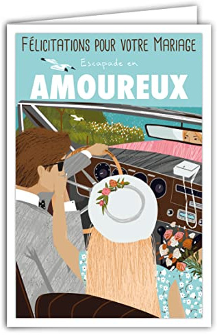 69-4333 Carte Félicitations Mariage - Enveloppe Incluse - Couple Homme Femme - Mini Posters - Amoureux Escapade Voyage de noces Voiture des Mariés Rétro Vintage - Fabriquée en France