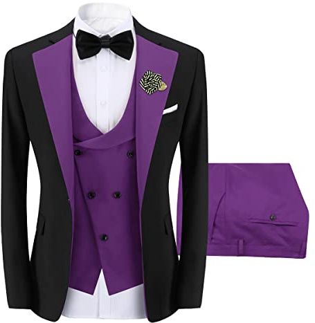 Sliktaa Hommes 3 Pièces Costume Un Bouton Slim Fit Formelle Mariage Dîner Costume Blazer Gilet et Pantalon Multicolore,Violet,S