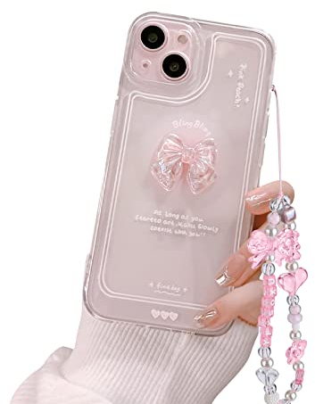 Ownest Kompatibel mit iPhone 13 Hülle Cute 3D Rosa Schleife Transparent Aesthetic Süßes Design Handyhülle Frauen Mädchen Teen Girls Kamera Objektiv Schutzhülle + Glitter Bow Crystal Kette
