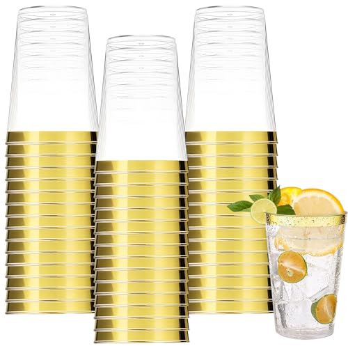 60 Stück 10oz/300ml Hartplastik Partybecher mit Goldrand, Wiederverwendbar Trinkbecher, Schnapsbecher, Partybecher Set für Getränke Champagner Cocktails, Plastik Becher für Geburtstage Hochzeit