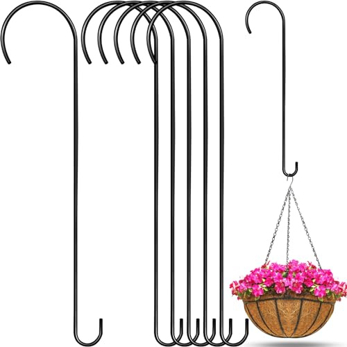 Leriton 6 Pack 24 Inch Long S Hooks for Hanging Plants, Heavy Duty Metal Tree Branch Hangers Extenders for Bird Feeders Flower Baskets Wind Chimes Black Vinyl Coated Garden Hook