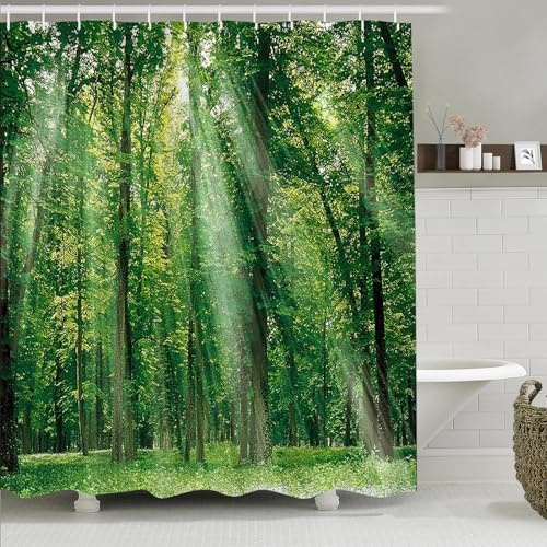 Simpomsy Green Forest Shower Curtain, Green Jungle Tall Trees Sunshine Shower Curtains, Nature Landscape 3D Scenery Bathroom Curtains, Waterproof Fabric Bathroom Decor Set with Hooks 200x180cm
