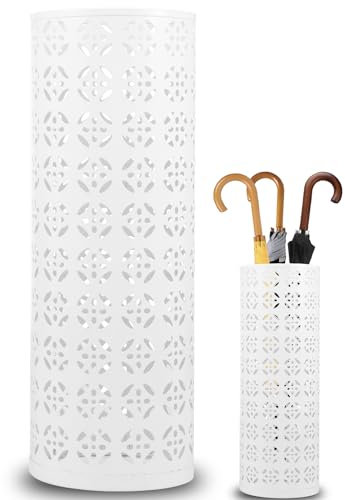 Metal Umbrella Stand Round Hollow Creative Umbrella Stand Free Standing Umbrella Holder Bin Decorative Indoor Walking Stick Holder for Home Entryway Office Hotel(white)