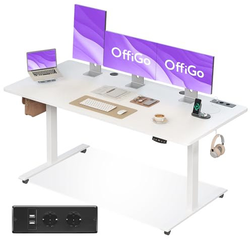OffiGo Höhenverstellbarer Schreibtisch, 160x70cm Elektrischer Schreibtisch mit Steckdosen und USB Ladeanschluss, Tisch Höhenverstellbar mit 2 Memory Funktion, Computertisch für Büro, Zuhause, Weiß