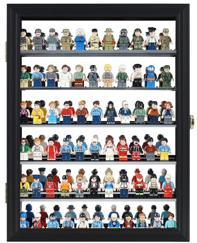 Minifigure Display Case - Building Block Wall Cabinet Showcase for Small Miniature Collectibles Mini Brands Thimbles, Lockable UV Protection Door (MirrorBack-Black)