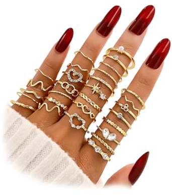 ZOVOLI 19-36 Pcs Gold Boho Knuckle Rings Set for Women, Vintage Stackable Dainty Joint Finger Gold Jewelry Set with Love Pearl and Sparkling Crystals
