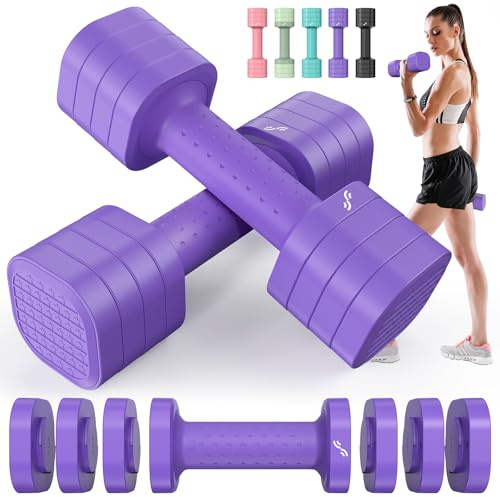 Sportneer Justerbara hantlar damset – hantlar, set om 2 (0,9–2,3 kg per hantel), 4-i-1 hantlar set med halkfritt TPU-handtag, tumbbell set för hem, gym, fitness och styrketräning (lila)