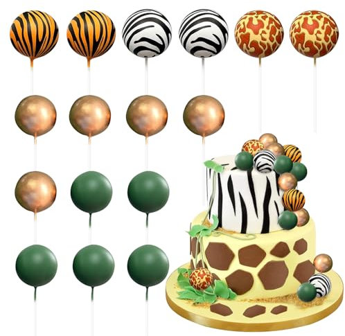 Boule Decoration Gateau, Jungle Topper de Gâteau Boule, 16 Pcs Topper Boule Gateau, Animaux Gâteau Décoration, Cake Topper pour Anniversaire, DIY Decoration Cupcakes