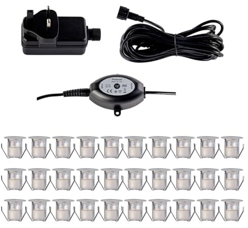 firstchoicelighting Set of 30-30mm LED Decking Plinth Ground Light Kit with Dusk Dawn Sensor, Stainless Steel, Warm White 3000K, IP67 Waterproof Recessed Outdoor Garden Bathroom Kitchen