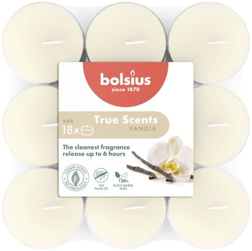 Bolsius - True Scents - 18 Scented Tea Lights - Vanilla - Long Burn Time of 6 Hours - Diameter 39 mm – Natural Extracts – Includes Vegan Wax – Without Palm Oil
