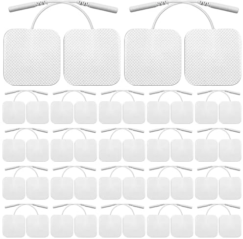 50 almohadillas de electrodo Tens de 4 x 4 cm – Electrodos blancos autoadhesivos con conector de 2,0 mm para dispositivos TENS/EMS, altamente conductivos y reutilizables para aliviar dolores