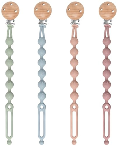 AYSYR Juego de 4 cadenas para chupete de silicona, portátil, cadenas para chupete y mordedor, diseño 2 en 1, cadena para chupete de madera, portátil, ayuda para dentición para niñas y niños